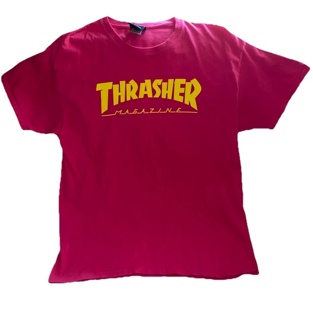 Men’s Thrasher Magazine Pink T-Shirt Large, Short Sleeve, Yellow Graphic, Skater